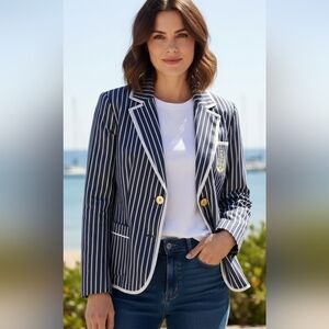 Boston Proper Navy striped two Gold buttons 3 pockets Women's Blazer Size 10